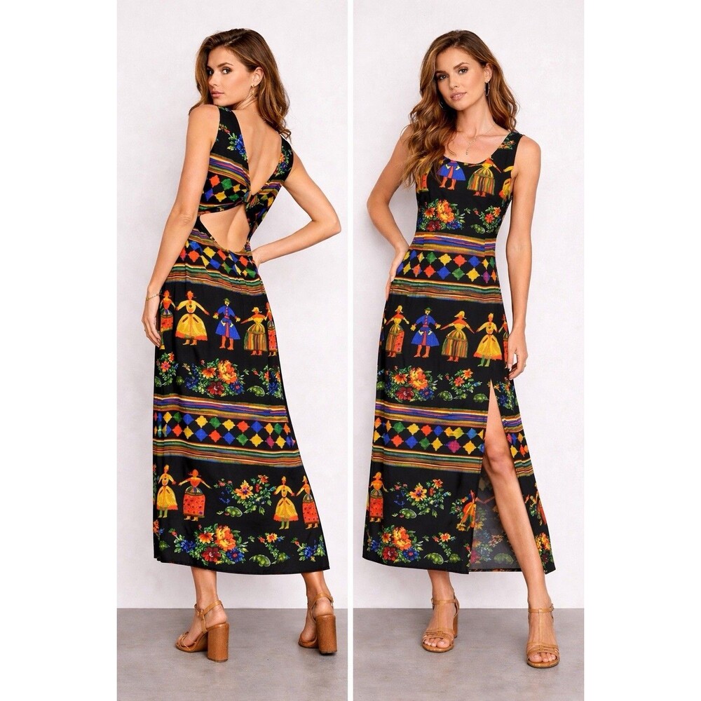 VTG 70s Sleeveless Colorful Long Maxi Boho Colorful Dress W/ Slit Women's 14